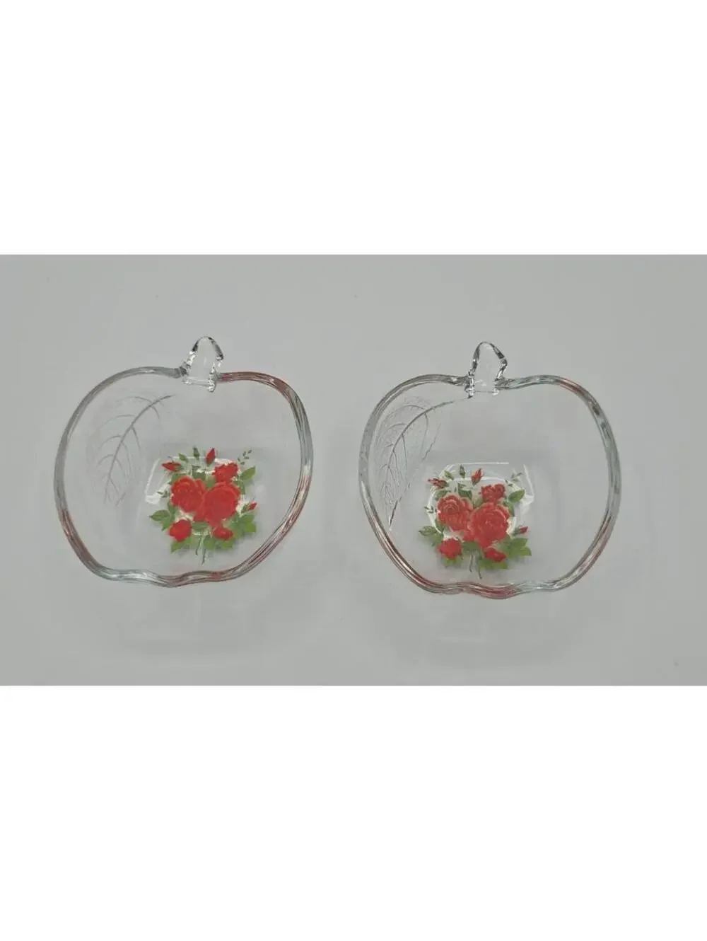 Vintage Jeannette Glass Apple Trinket Bowls Set 2 Rose Floral Candy Dishes